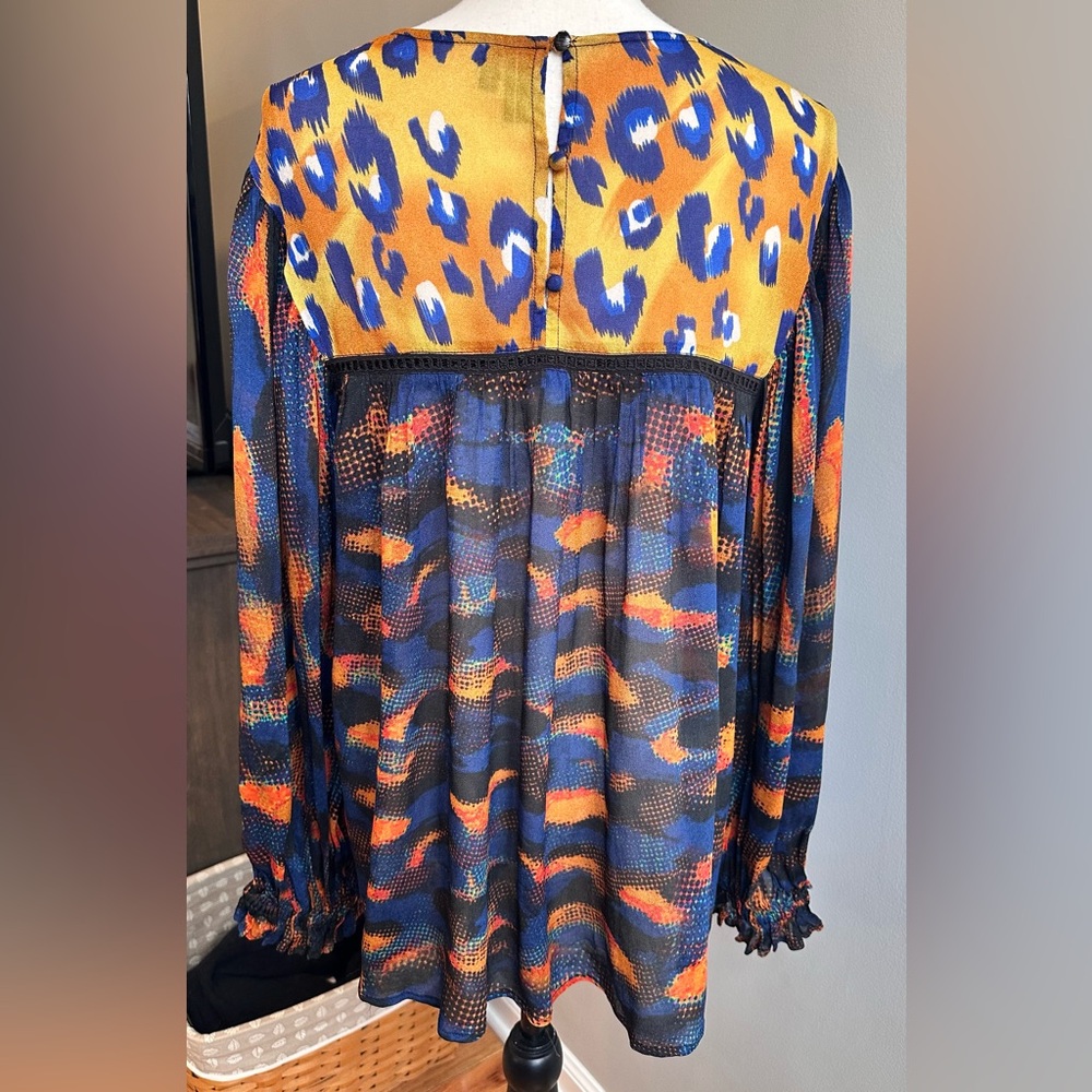Anthropologie Blank London Eclectic Leopard Peasant Blouse Blue Orange Medium - Picture 8 of 12